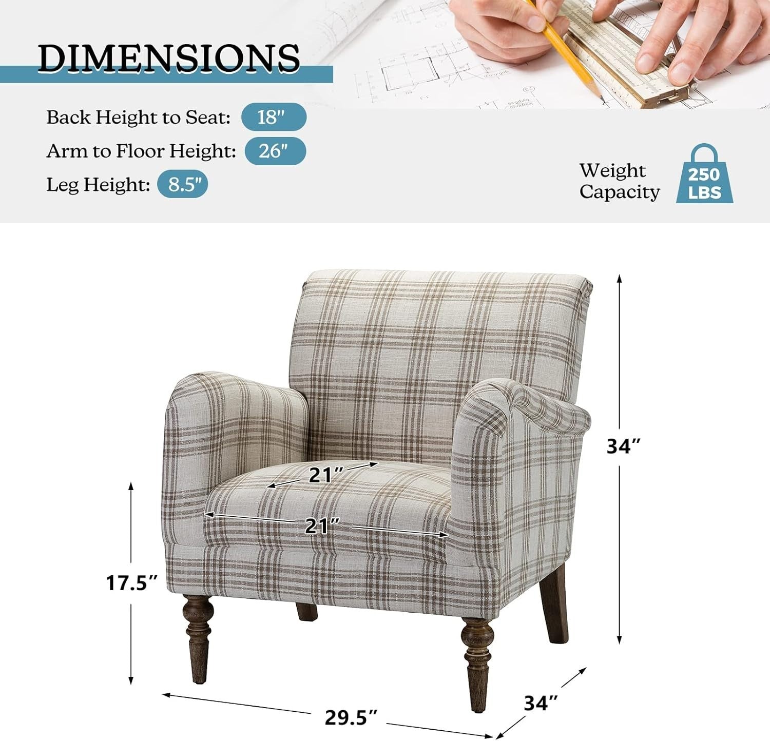 Plaid Armchair Lounge Chair Comfy Upholstered Seat Wood Legs Living Room