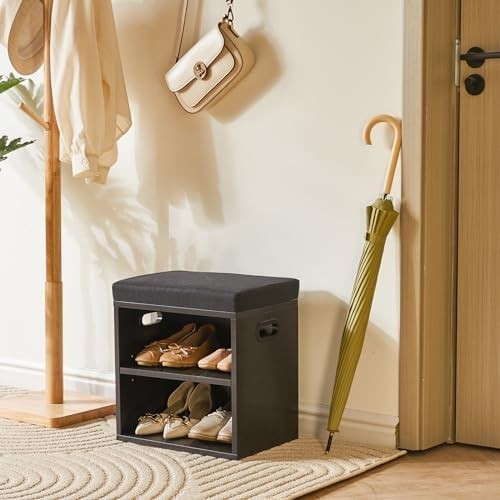 Black 2 Tier Shoe Bench with Cushion Adjustable Storage Rack for Entryway