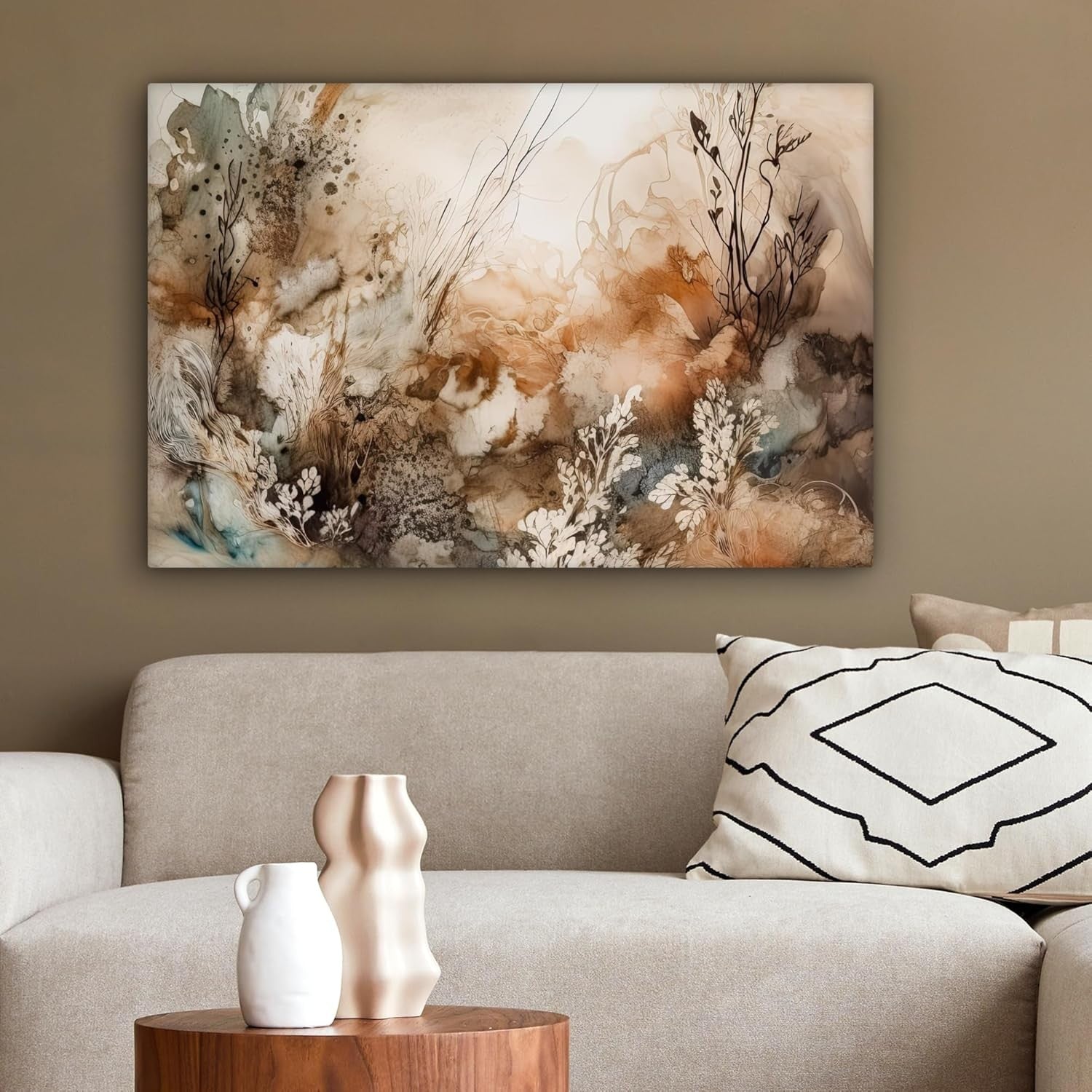 Abstract Floral Canvas Wall Art 60x40cm Framed Beige Nature