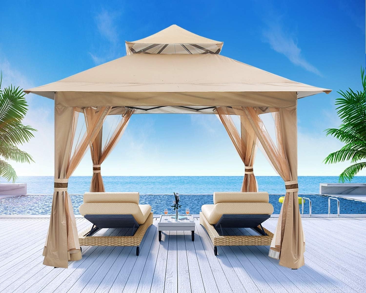 3.6x3.6M Khaki Pop Up Gazebo With Mesh Walls Outdoor Canopy Tent