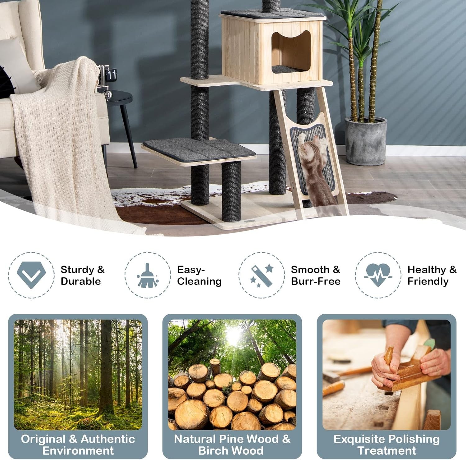 Modern Cat Tree Tower 175cm Multi Level Scratcher Condo with Washable Cushions