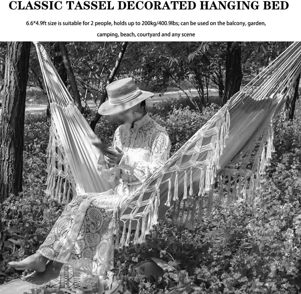 Double Canvas Hammock with Tassels, Anti-Rollover Arc Pole, 2-Person Outdoor