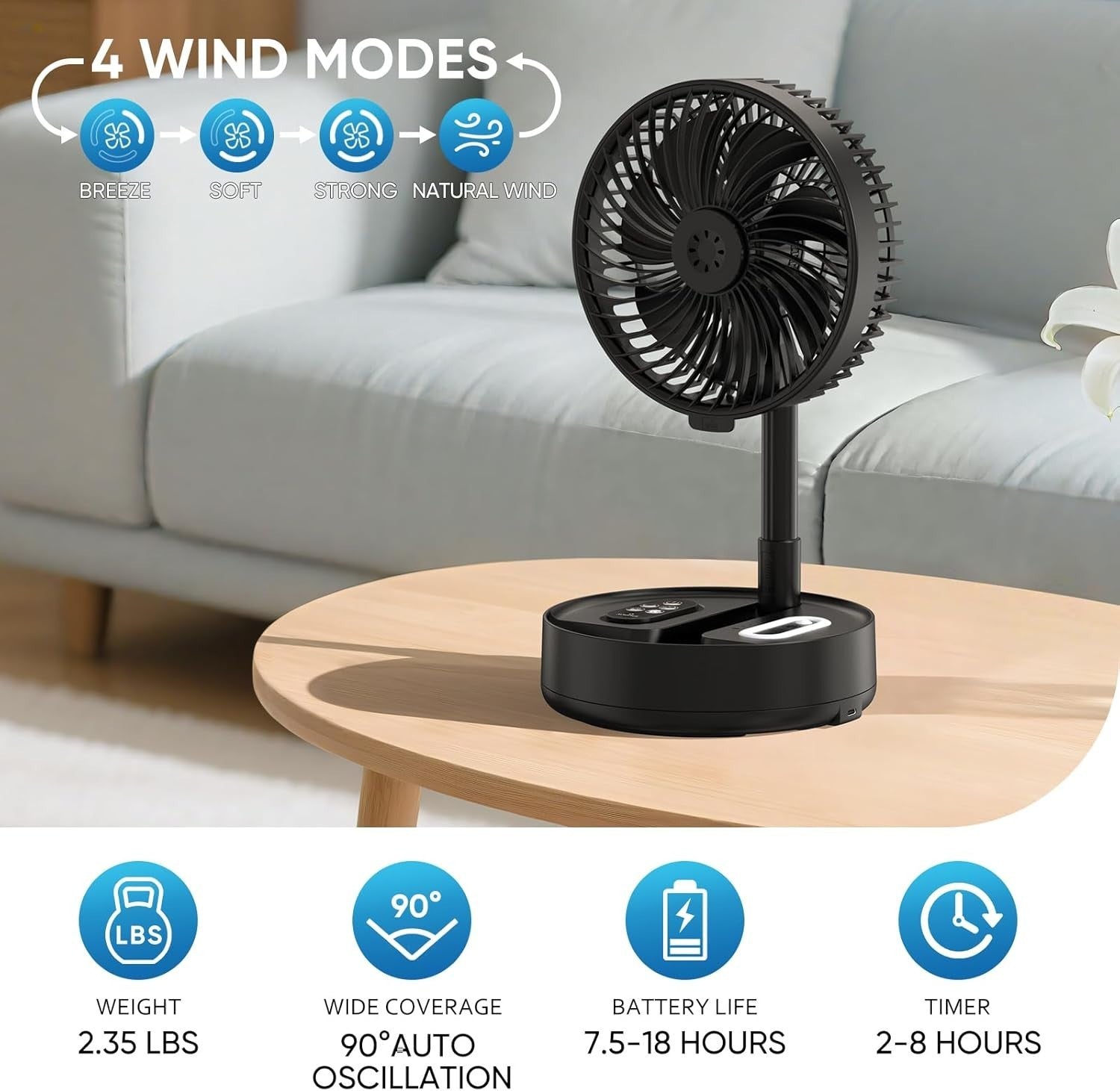 Foldable Fan – 4 Speed Telescopic Rechargeable w Remote LED Light Quiet Fan 30dB