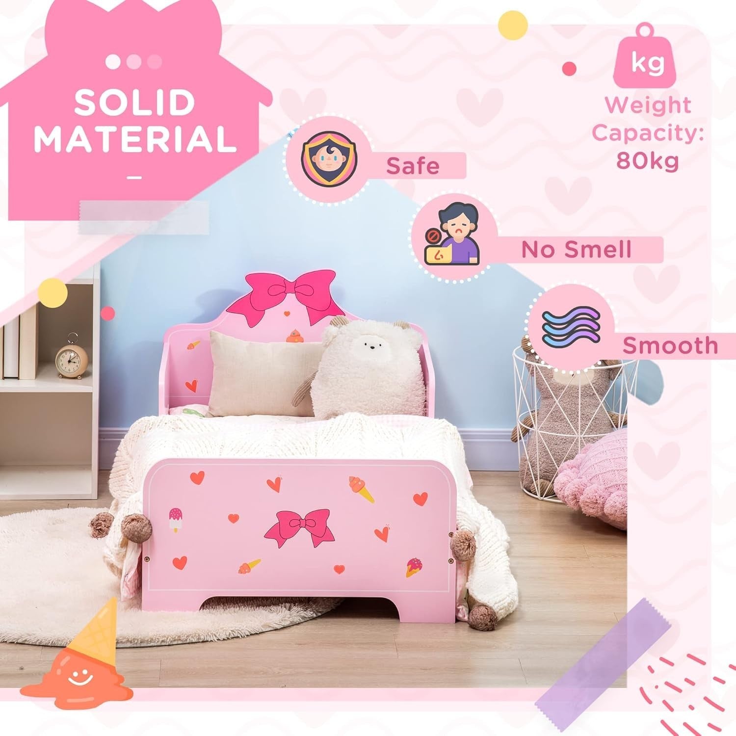 Kids Toddler Bed with Safety Rails Wooden Low Frame Girls Bedroom Princess Pink