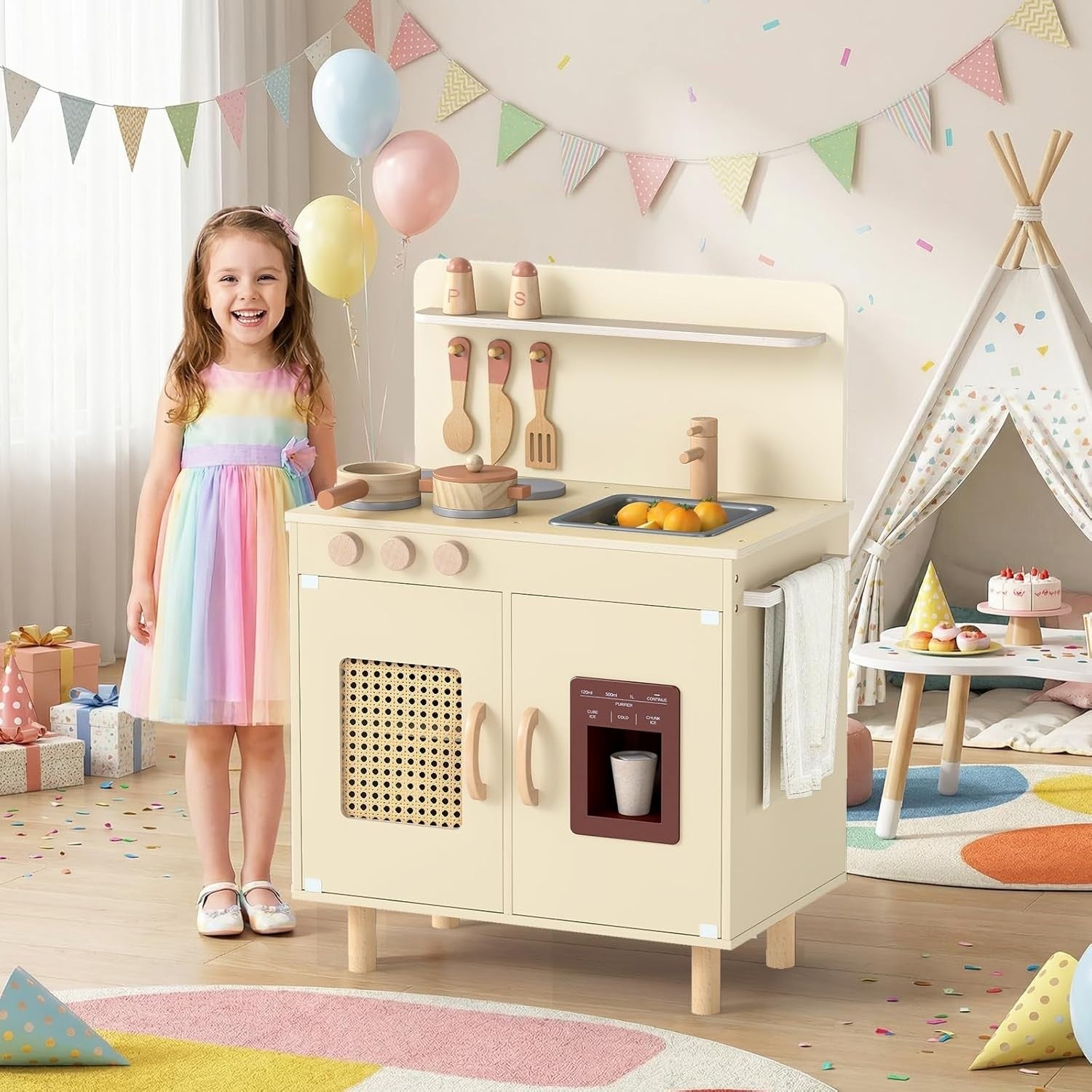 Kids Wooden Play Kitchen w/ Ice Maker Sink Yellow Toy Set