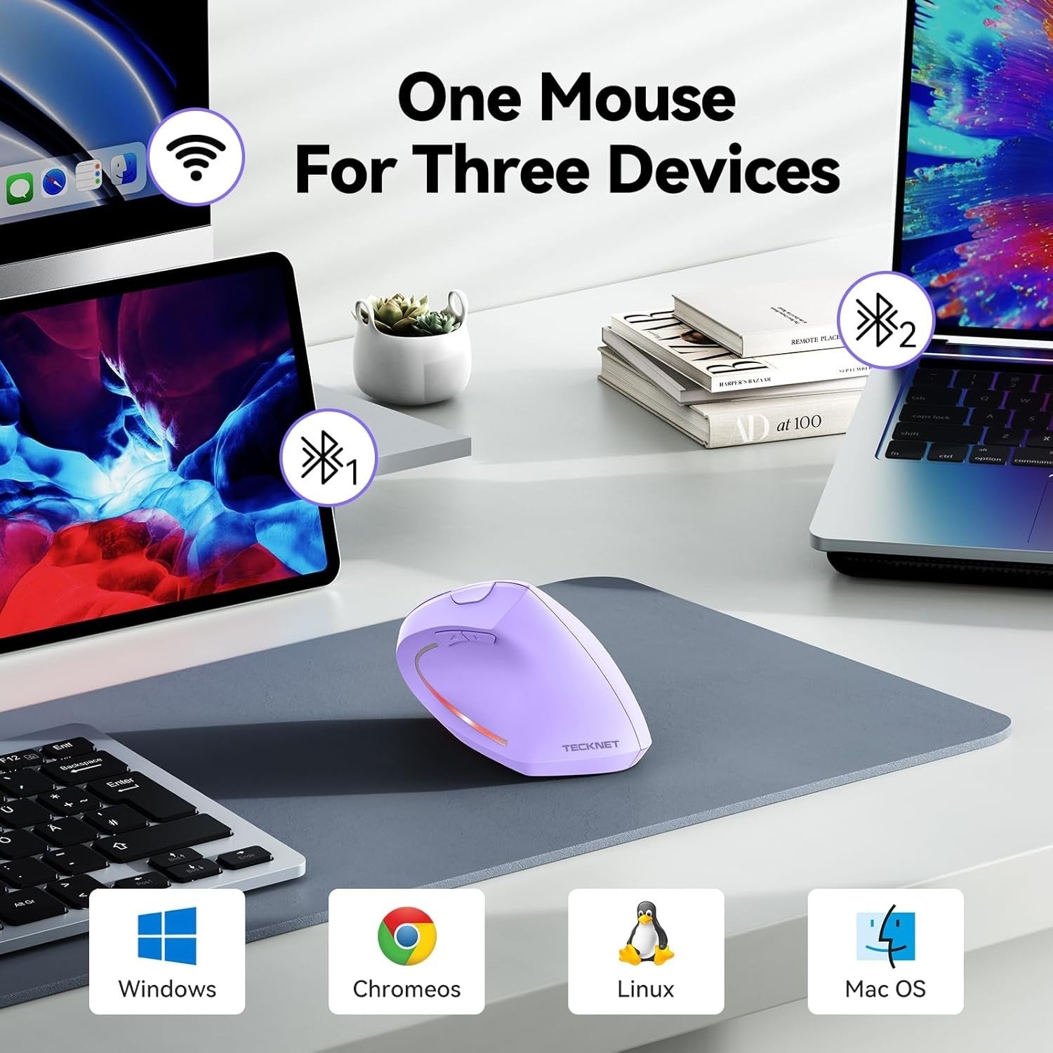 Vertical Ergonomic Wireless Mouse 4800 DPI Silent 6 Button Purple