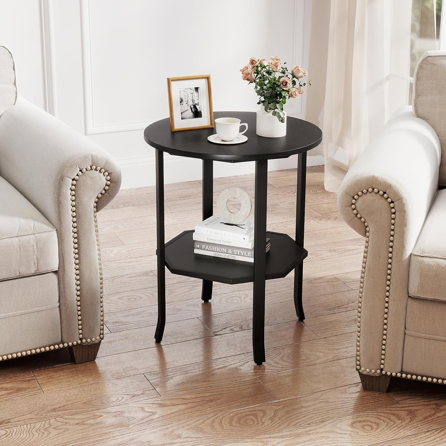 Round Black Side Table 2-Tier | Industrial Sofa End Table with Shelf 50×61cm