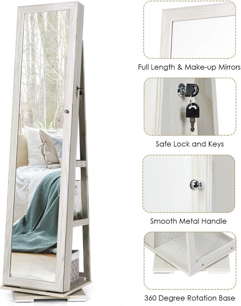 White 360° Swivel Jewelry Cabinet Mirror Lockable 3-in-1 Storage Stand