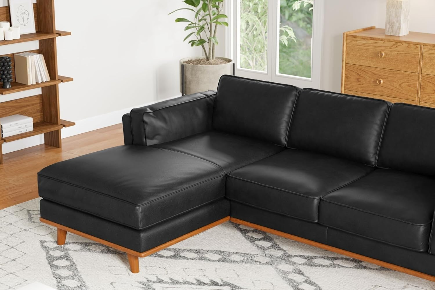 Italian Leather Corner Sofa Black – Left Chaise, Solid Wood, 4 Seater