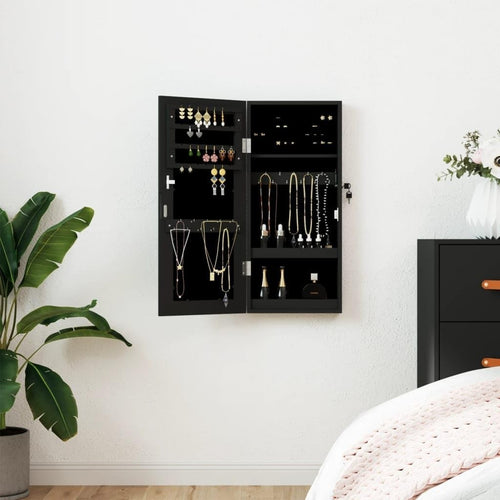 Compact Wall Mounted Jewelry Cabinet Mirror Lockable Storage Black