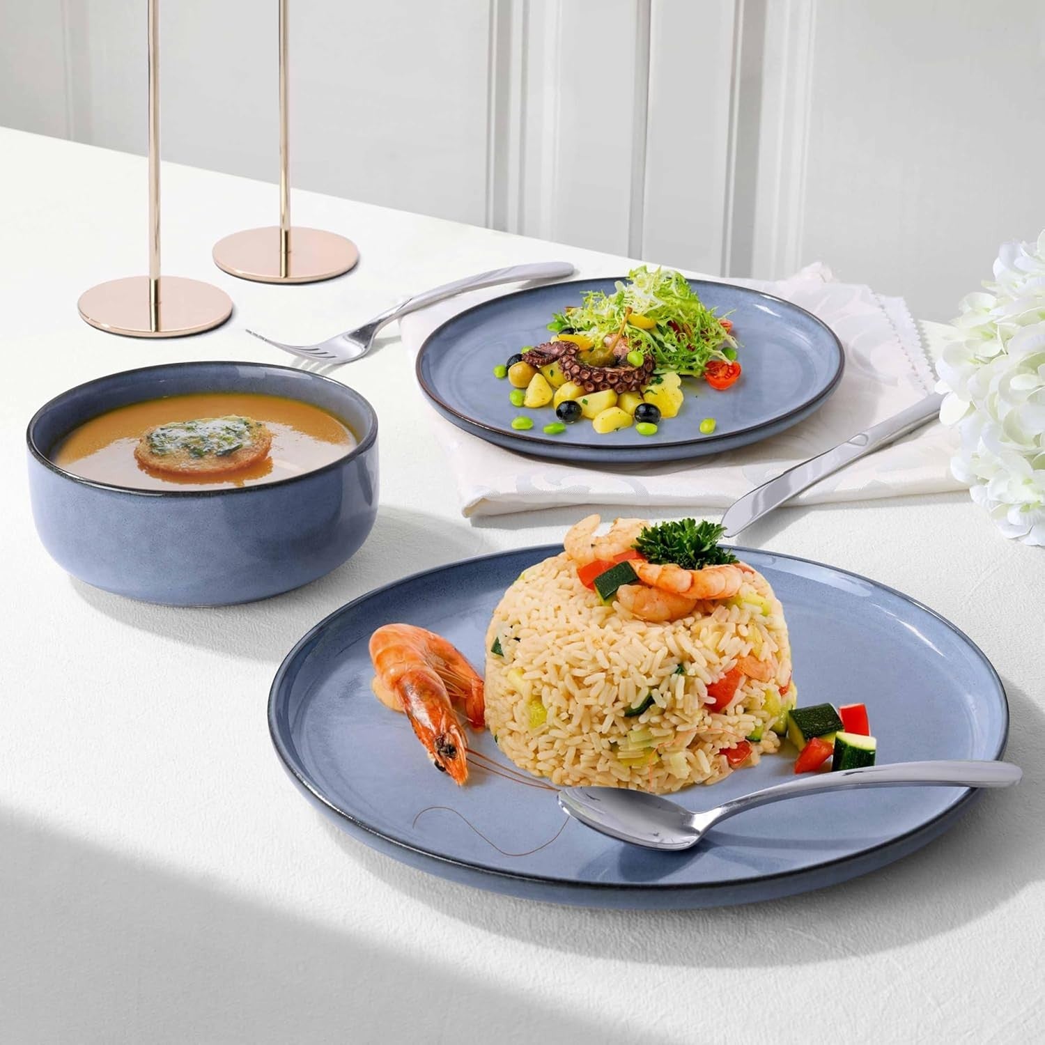 12pc Stoneware Dinner Set Plates Bowls Microwave Dishwasher Safe Blue