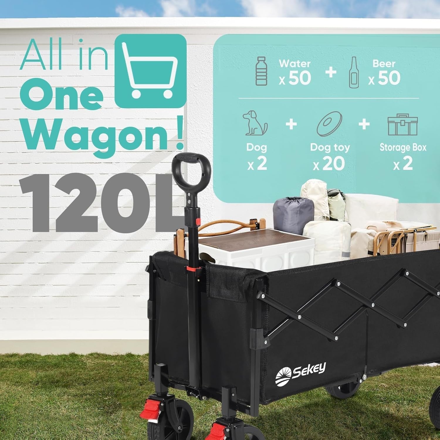Black 100L Folding Camping Trolley Lightweight All-Terrain Garden Wagon 100kg