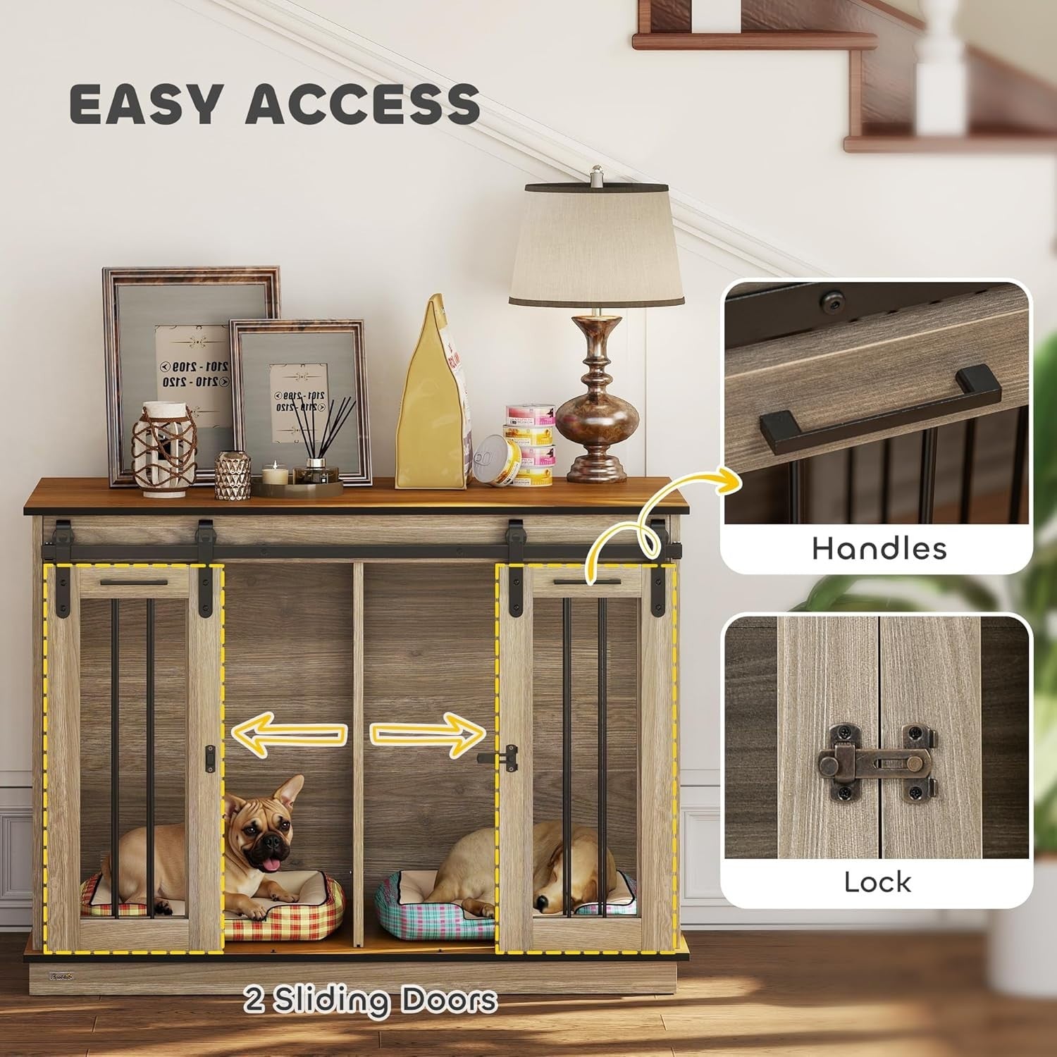 Large Oak Tone Dog Crate Furniture with Divider, Sliding Doors & Side Table