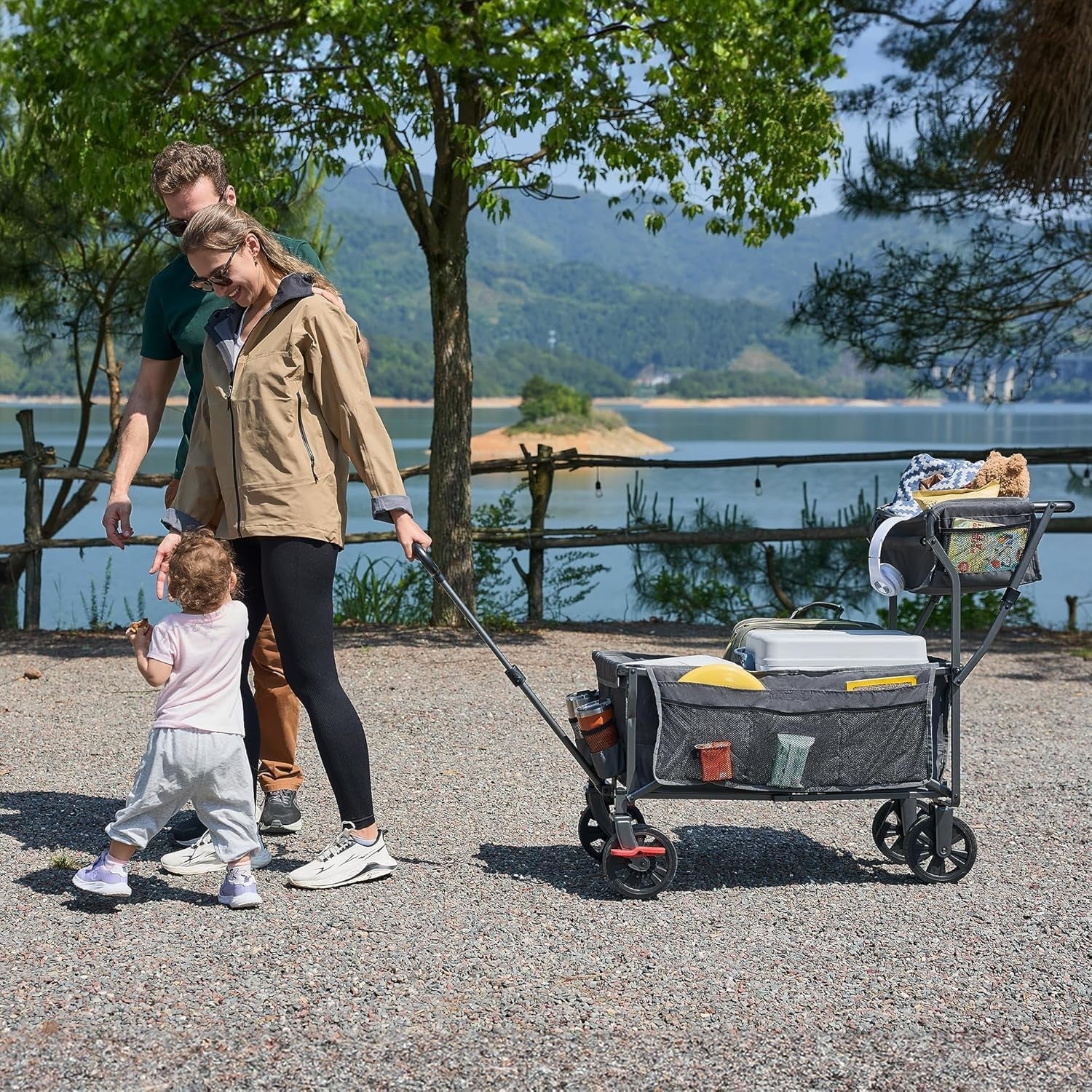 Grey Push Pull Folding Camping Wagon 120kg Festival Trolley w/ Basket & Brakes