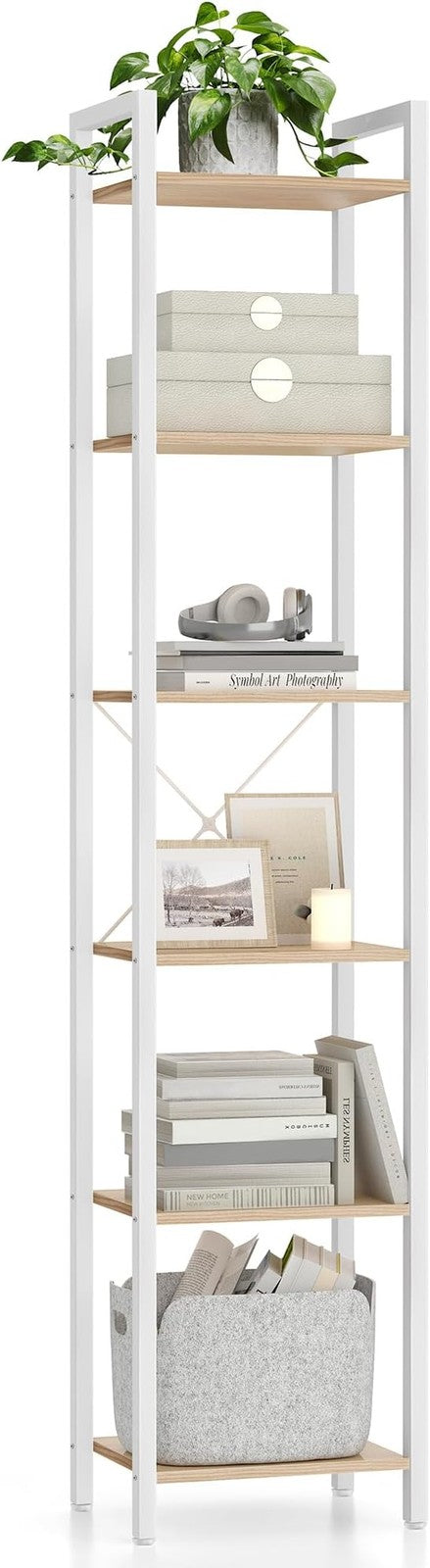6-Tier Industrial Bookshelf Slim Beige White Metal Wood Tall Storage Unit