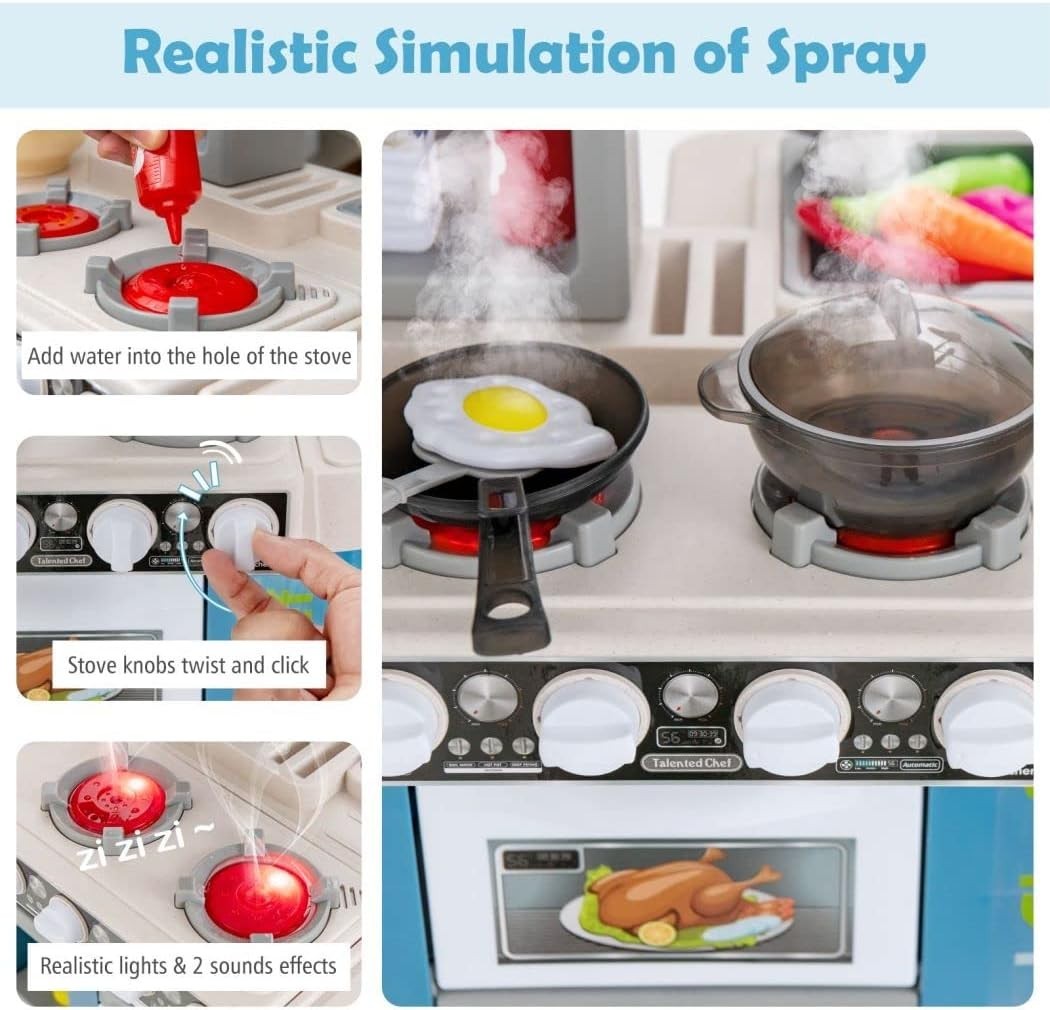 Kids Kitchen Playset w/ 67PCS Lights Sounds Steam Sink Blue Toy