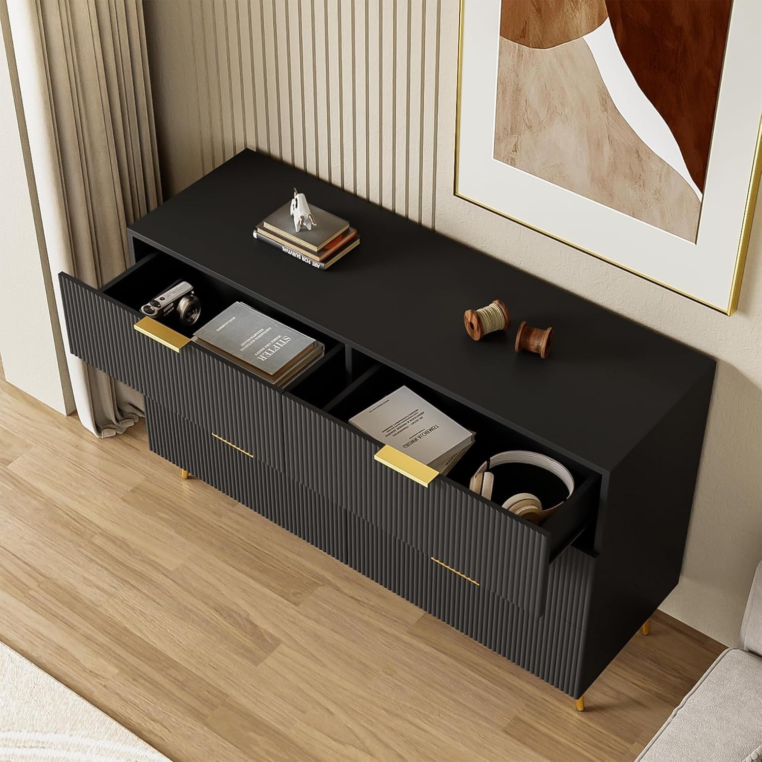 Black Sideboard Cabinet 6 Drawers Storage Unit Gold Handles 120cm