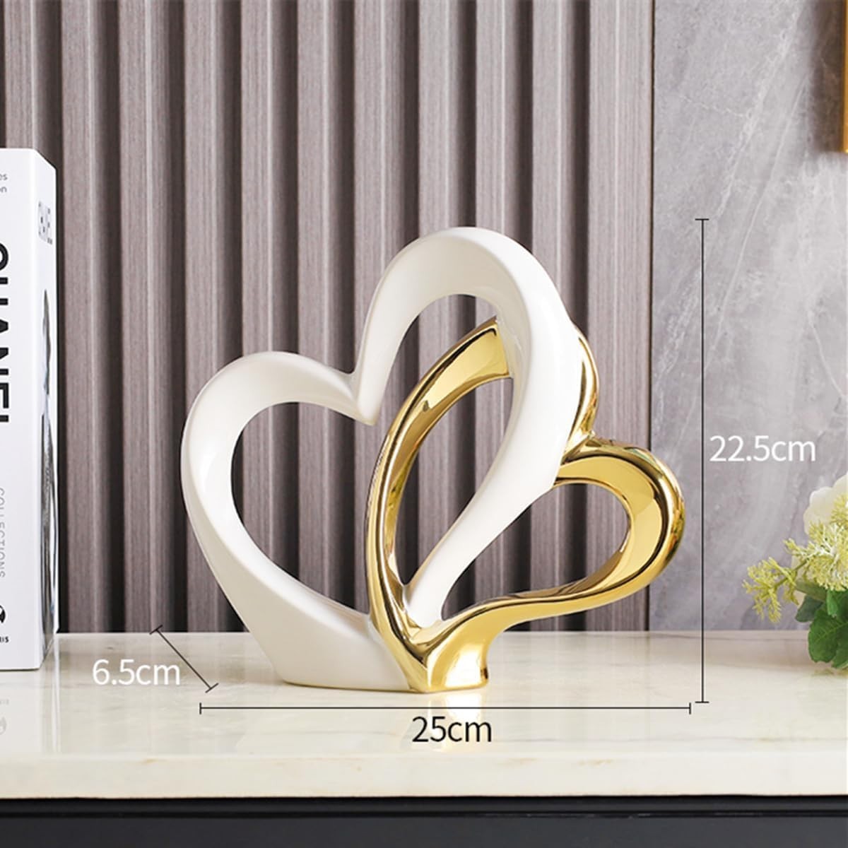 White Gold Double Heart Ceramic Sculpture Modern Luxury Home Decor Ornament Gift