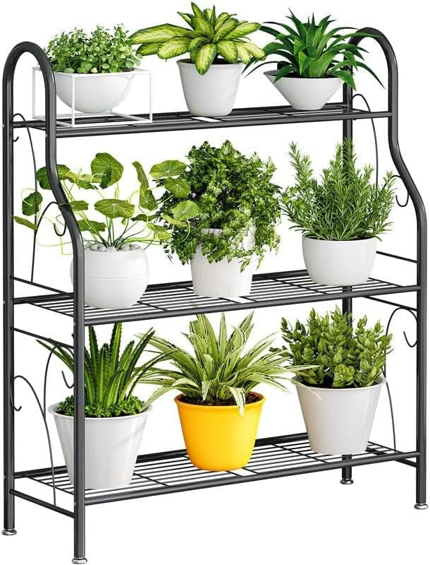 3 Tier Metal Plant Stand | Indoor Outdoor Flower Pot Display Shelf Dark Grey