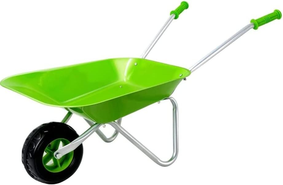 Kids Green Metal Wheelbarrow –Easy Assemble Durable Toy Garden Tool for Children