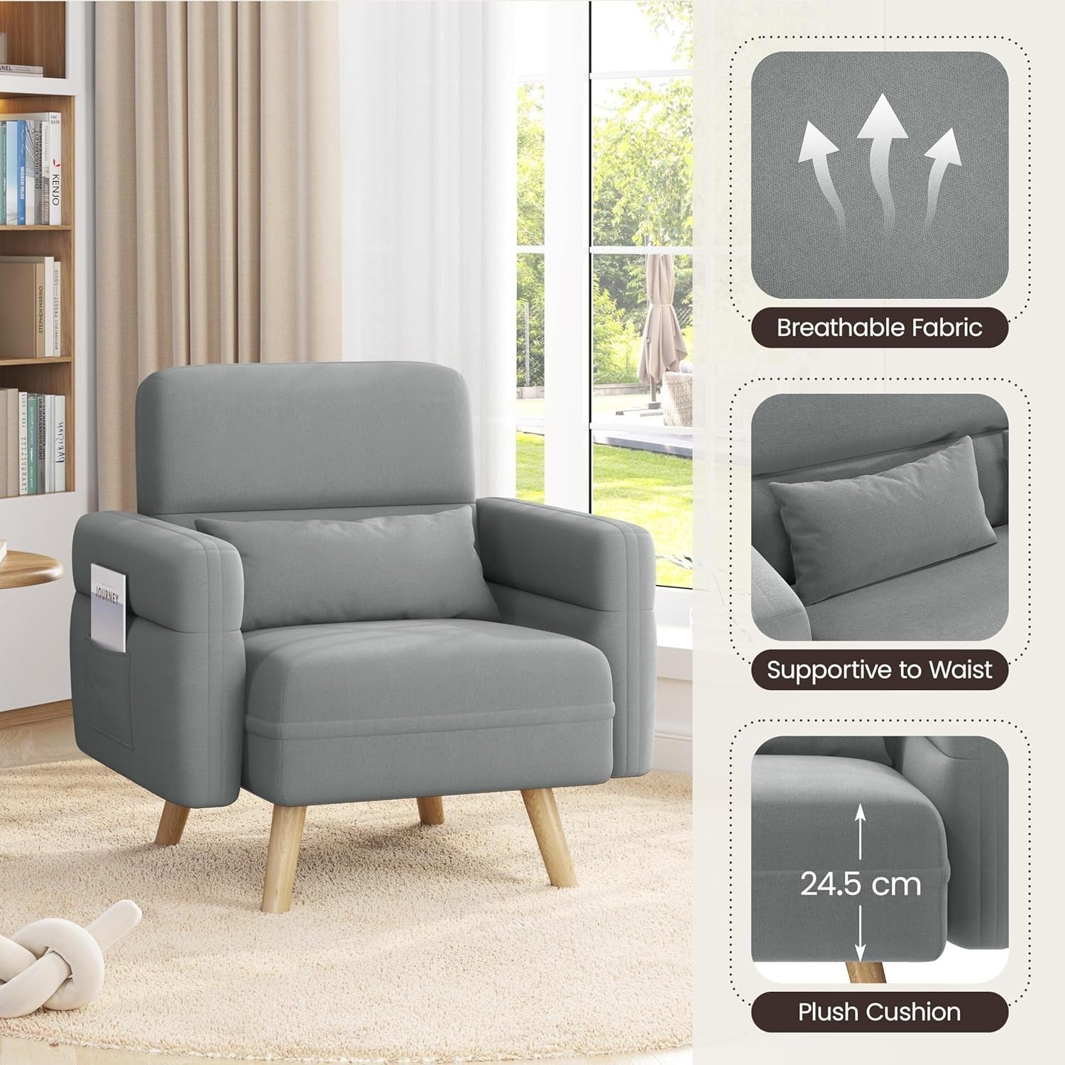Light Gray Tub Chair with Side Pockets & Lumbar Pillow for Small Spaces