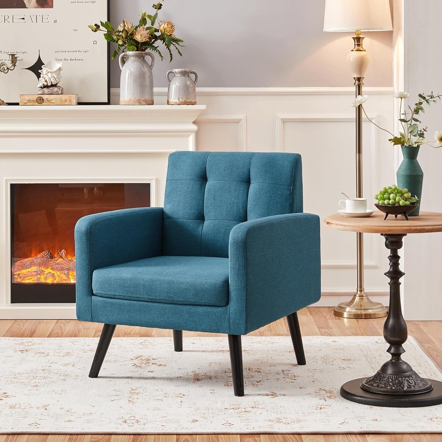 Blue Tufted Accent Chair Mid Century Armchair for Lounge or Bedroom