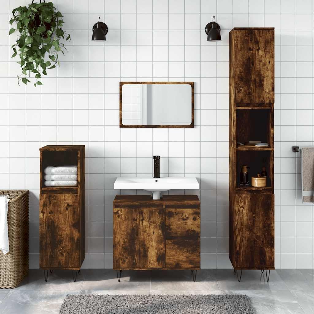 Smoked Oak Bathroom Vanity Cabinet 65cm Under Sink Storage Unit Cupboard Drawers