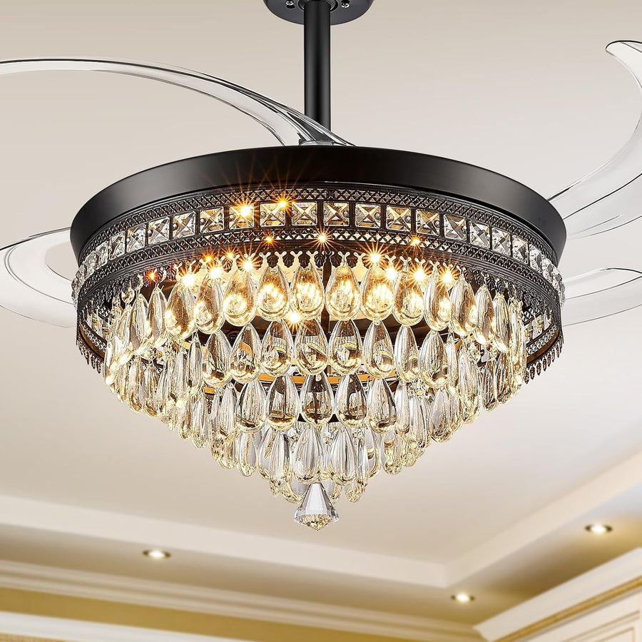 48" Chandelier Ceiling Fan with Light, Black, Retractable, LED, Remote