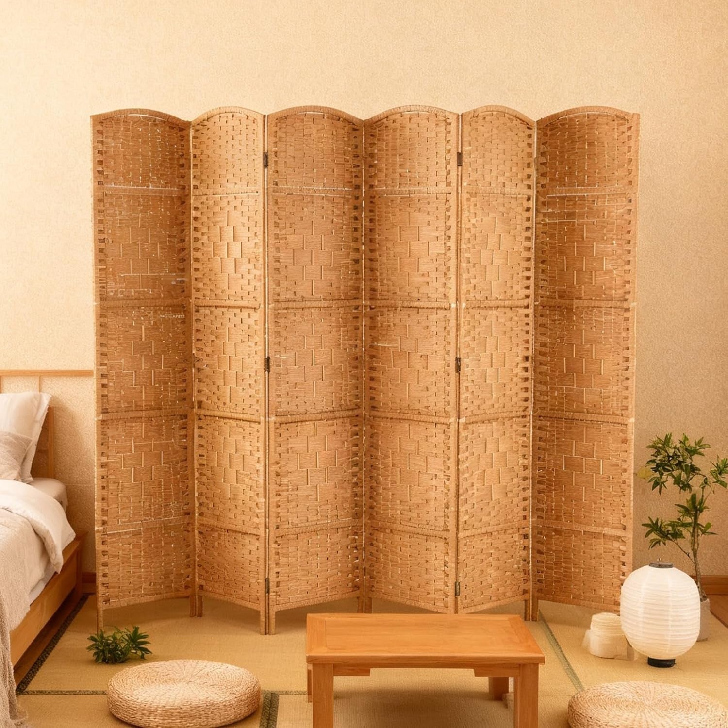 Natural 6 Panel Wicker Folding Room Divider Handwoven Privacy Screen 170cm