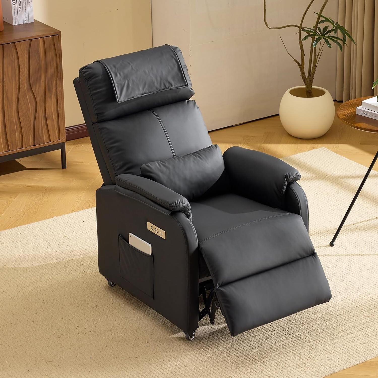 Electric Recliner Chair w/ Wheels Massage Heat High Back Footrest Leather Black