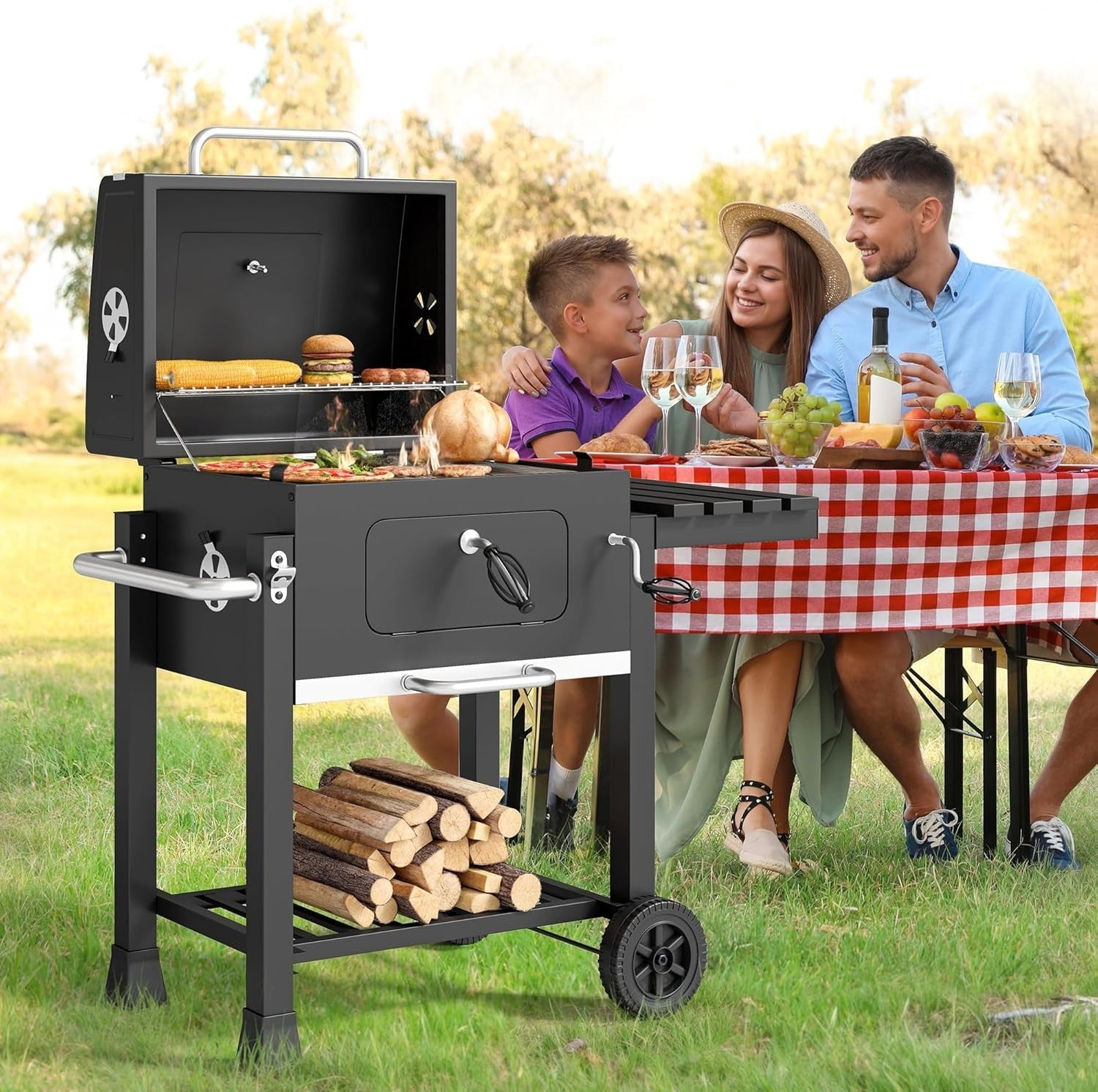 XL Charcoal BBQ Grill with Thermometer & Side Table | Outdoor Smoker