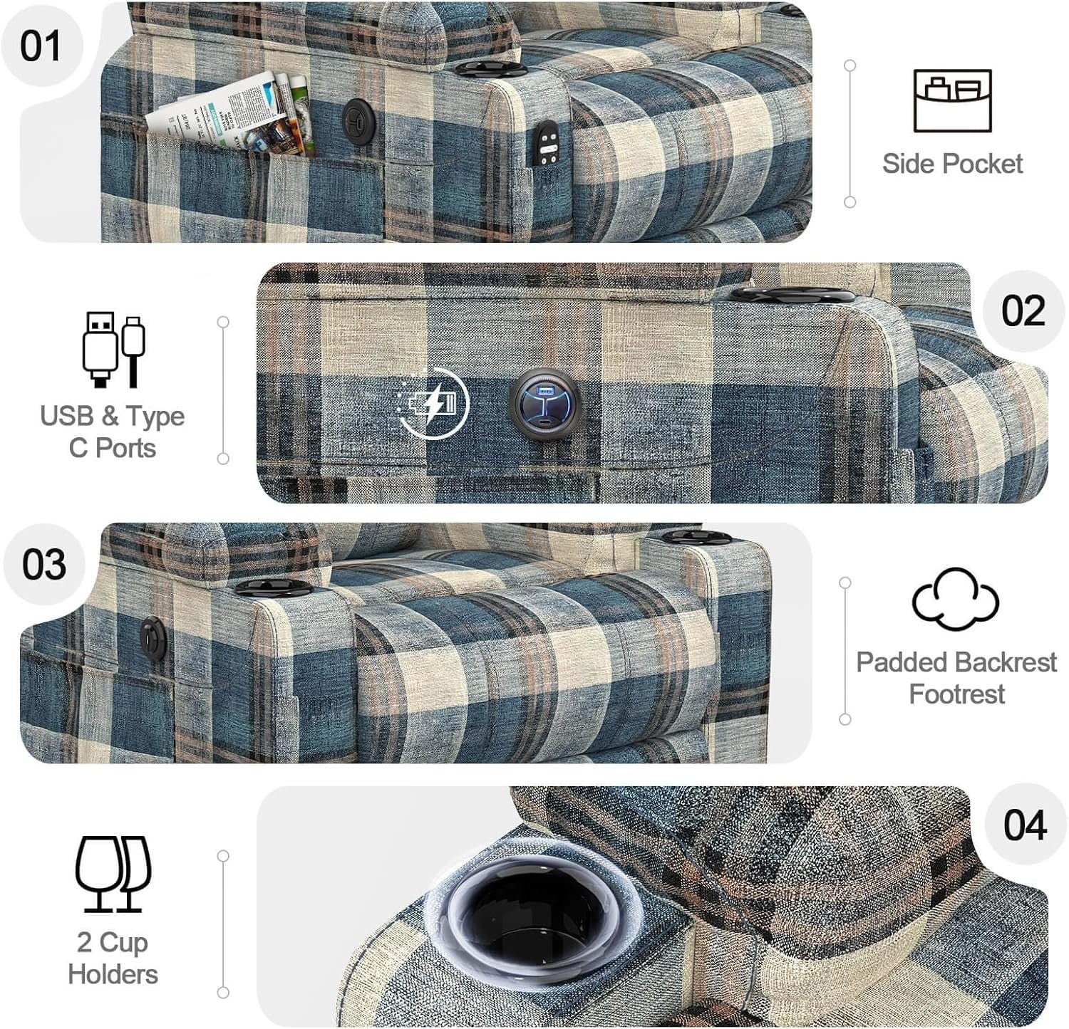 Power Lift Recliner Chair Massage Heat USB Type-C Cup Holders Fabric Blue Plaid
