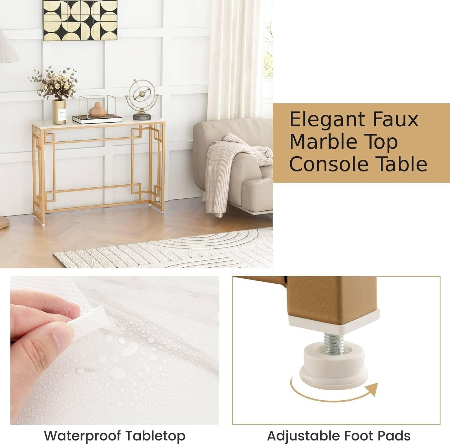 Slim Faux Marble Console Table with Gold Metal Frame – 110cm Wide, Anti-Tip