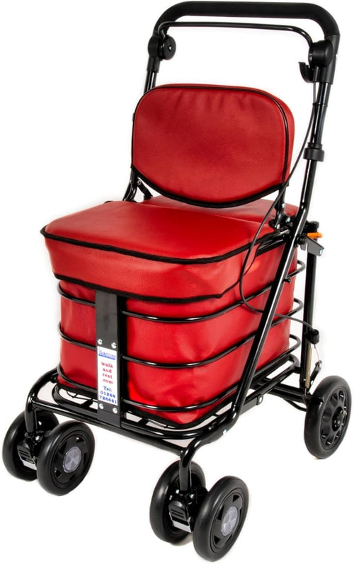 Premium 6 Wheel Mobility Shopping Trolley With Seat Backrest Red