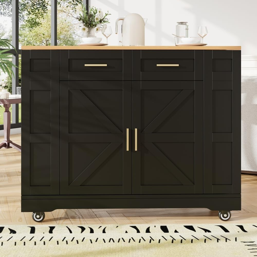 Rolling Kitchen Island Cart with Foldable Worktop, 2 Drawers & Storage Racks