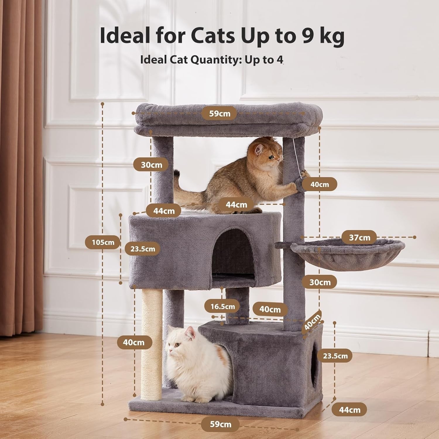Cat Tree Tower 105cm 4 Level Scratching Post Condo Hammock Play Centre