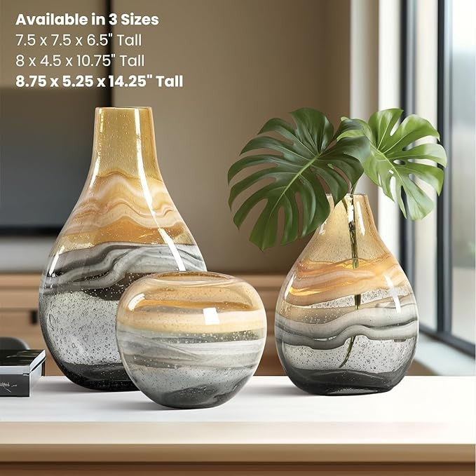 Amber Hand Blown Glass Vase 36cm Modern Coastal Table Centerpiece Decor