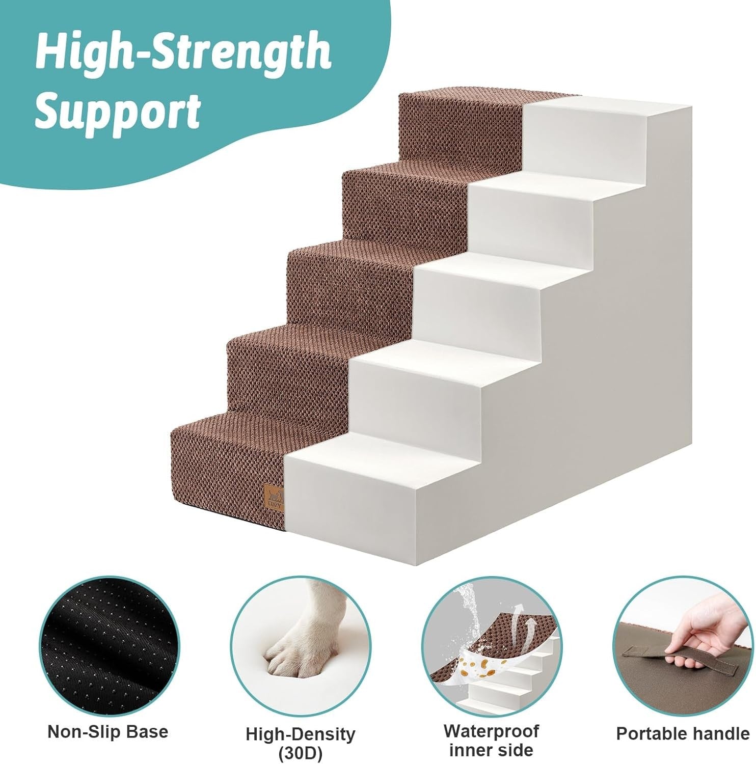 Wide Dog Stairs Non-Slip Pet Steps for Small Dogs Cats Puppy 75x50x60cm Brown