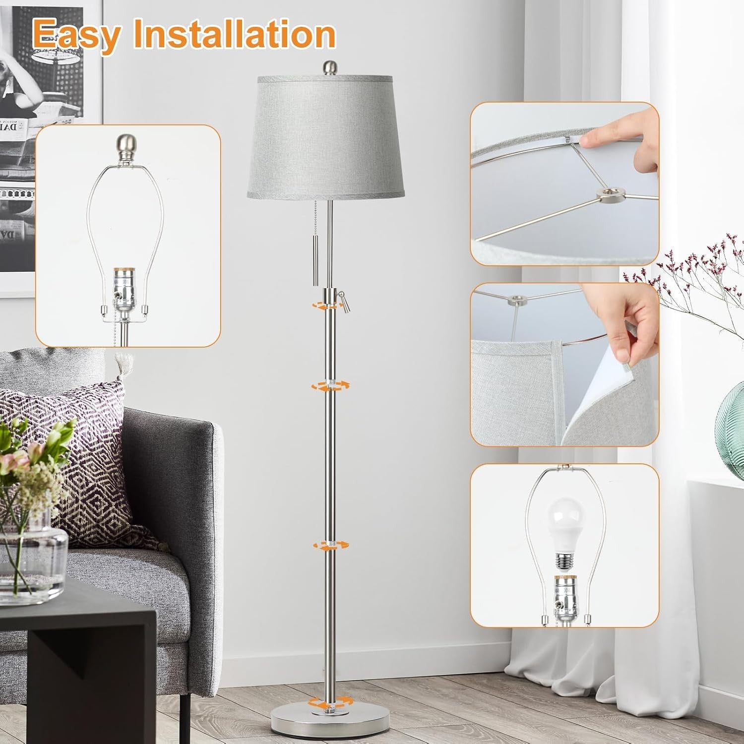 Adjustable Floor Lamp Silver Height Adjustable 3 Colour LED Standing Light