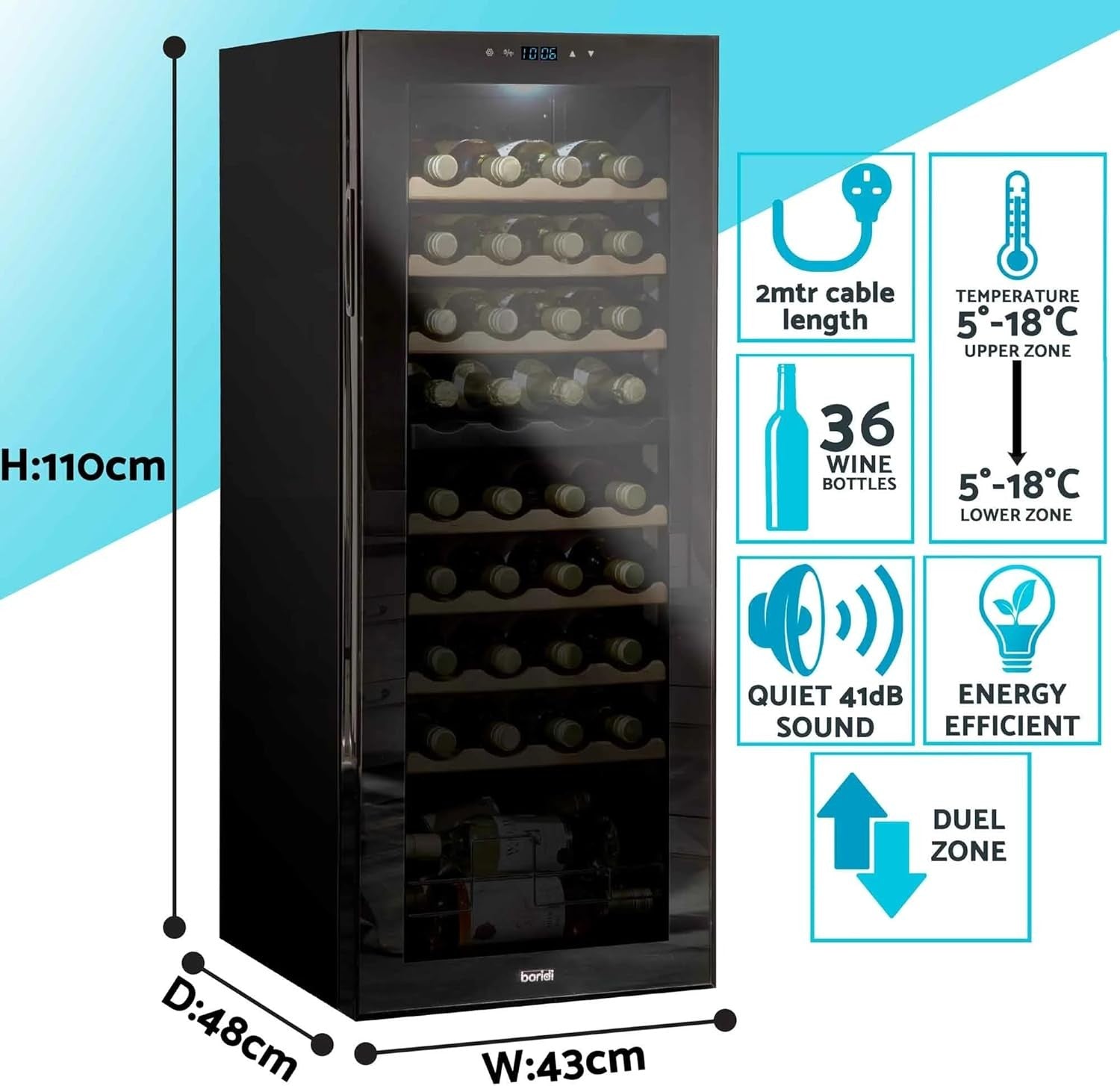 36 Bottle Dual Zone Wine Cooler Fridge Touch Screen LED Glass Door Black