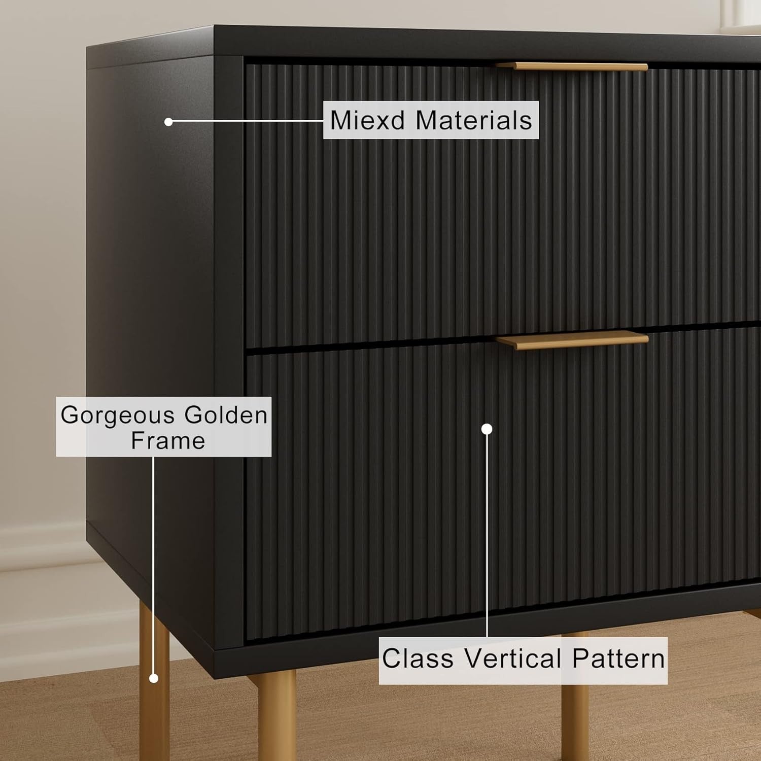 Modern Black Bedside Table with Gold Legs | 2 Drawer Nightstand