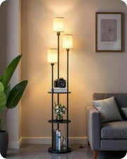 Industrial Floor Lamp with Shelves 3 Light Linen Shades Foot Switch