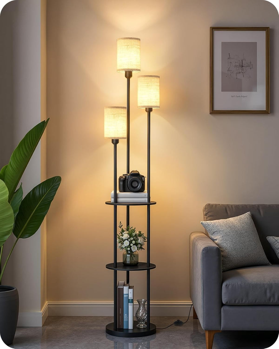 Industrial Floor Lamp with Shelves 3 Light Linen Shades Foot Switch