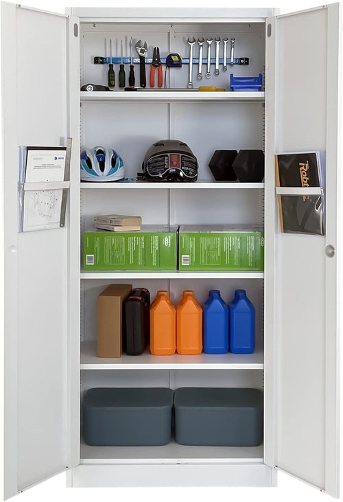 Tall Metal Storage Cabinet Lockable 4 Shelf Office Garage Pantry