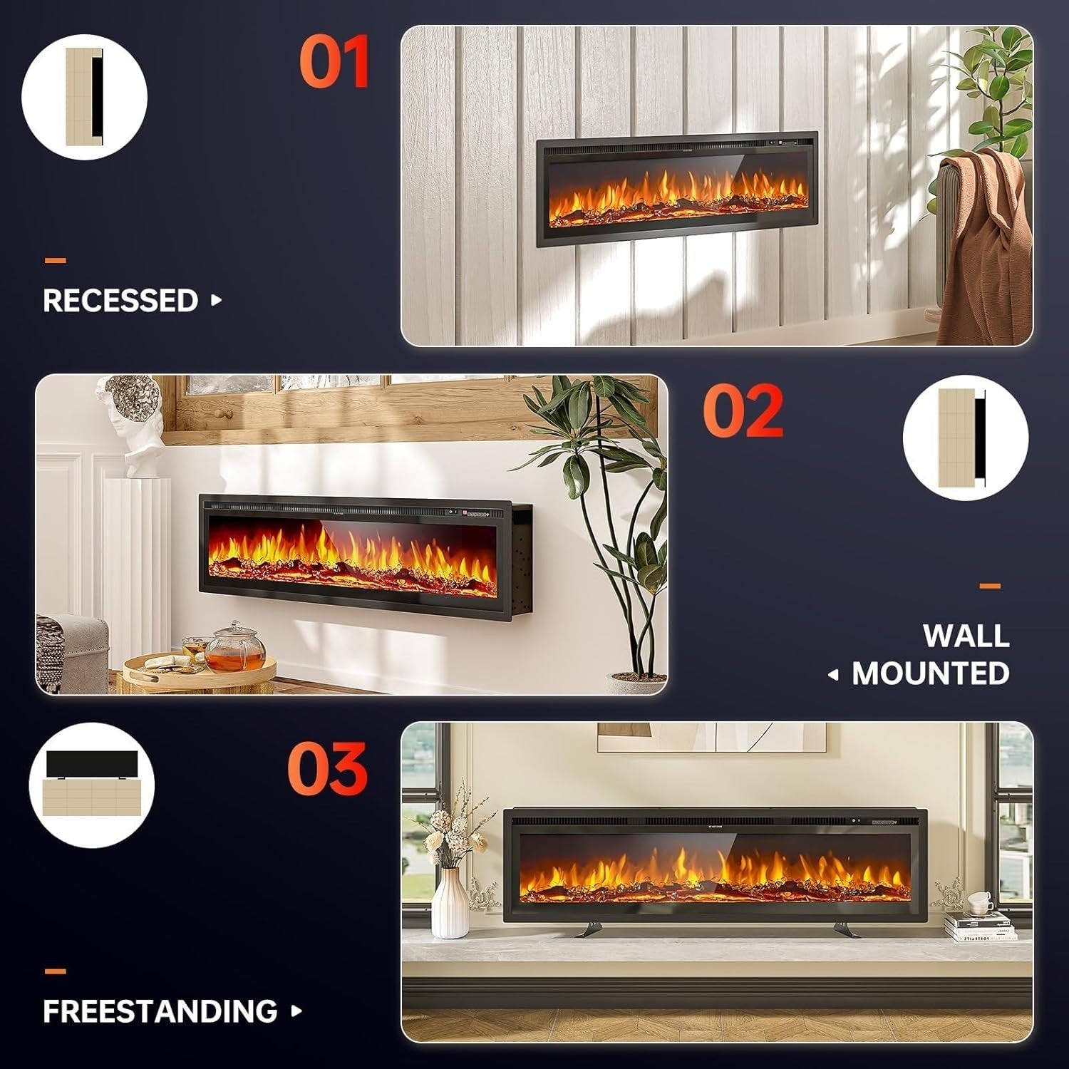 50" Electric Wall Fireplace Recessed Heater LED Log Flame Remote WiFi