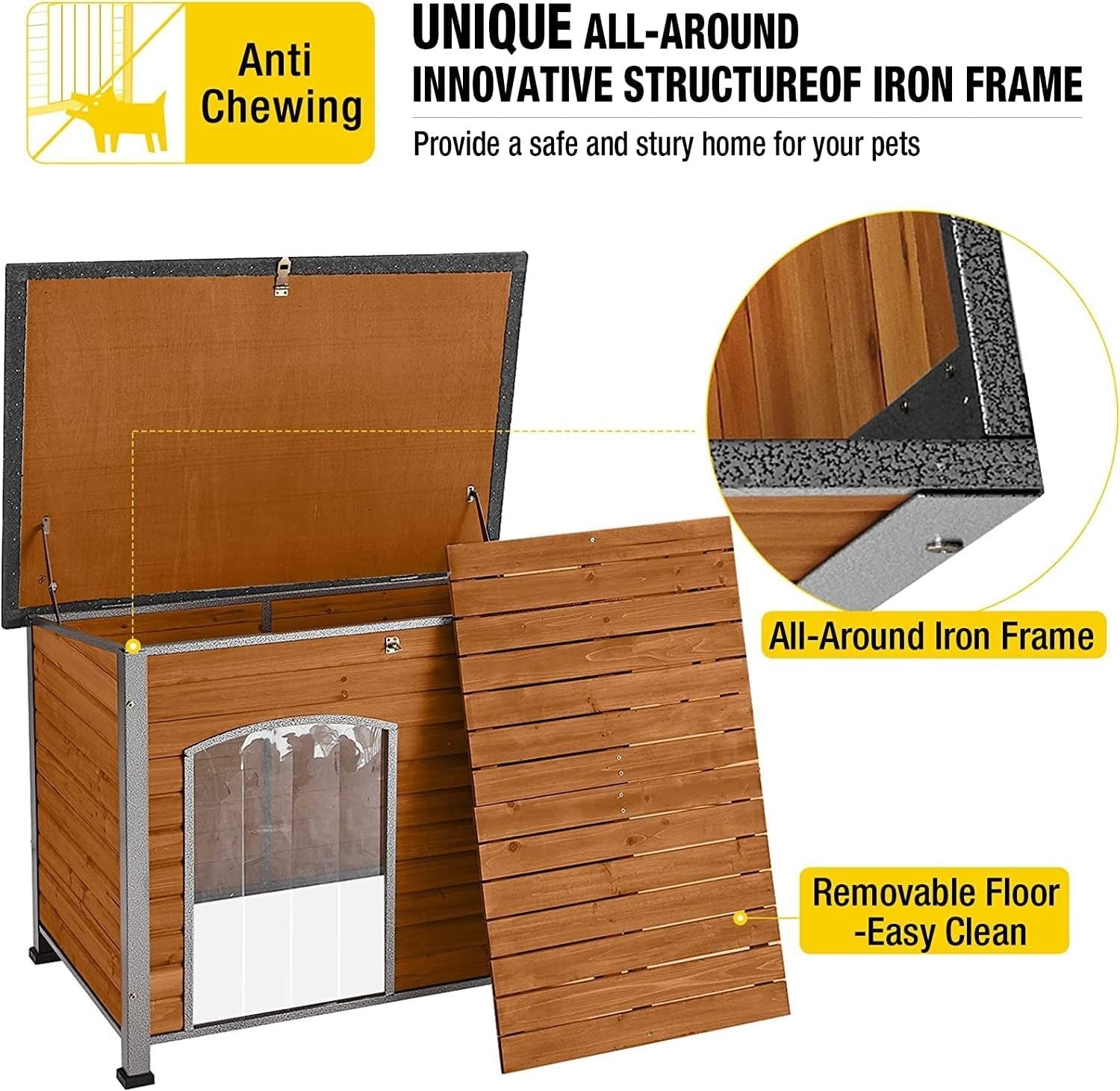 Insulated Wooden Dog House with Iron Frame Weatherproof Elevated Kennel