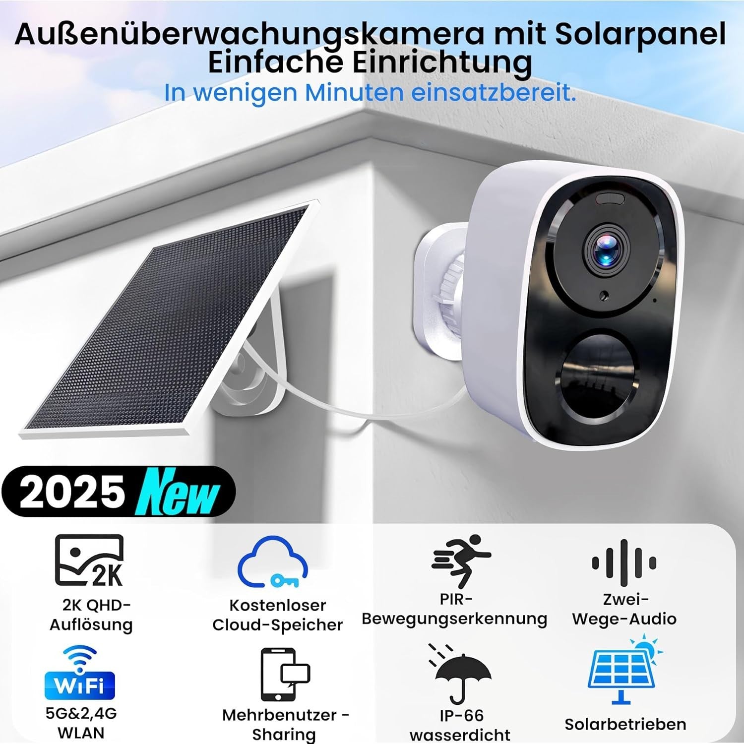 2K Solar Security Camera Wireless Outdoor WiFi Color Night Vision