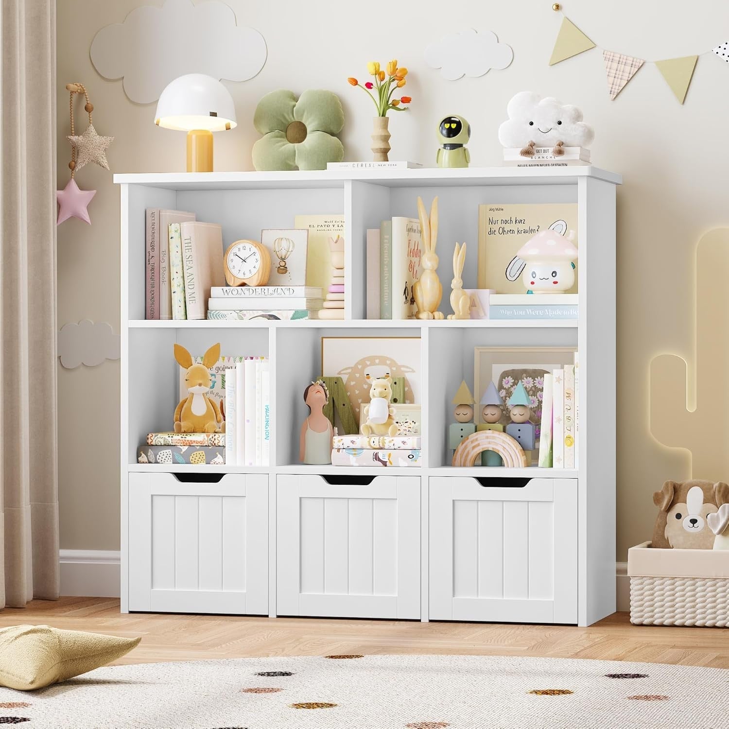 White Kids Toy Storage Cabinet with Wheels & Bookshelf – 8 Compartments