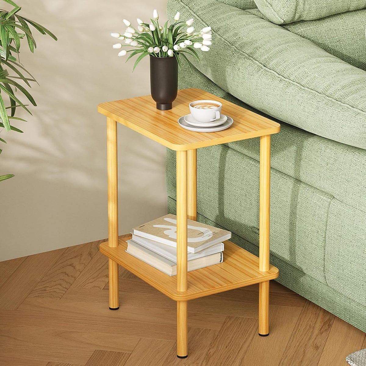 Narrow 2-Tier Oak Side Table – Small Bedside, End Table w/ Storage Shelf