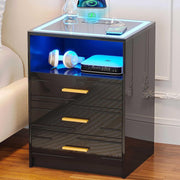 Modern LED Black Bedside Table with Wireless Charging & 3 Drawers Nightstand